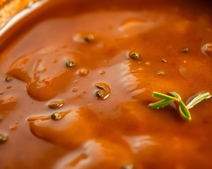Showcase of Ready to Eat Brown Gravy Mix served in a bowl with fresh herbs, highlighting rich
