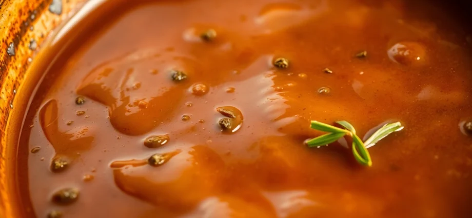 Showcase of Ready to Eat Brown Gravy Mix served in a bowl with fresh herbs, highlighting rich